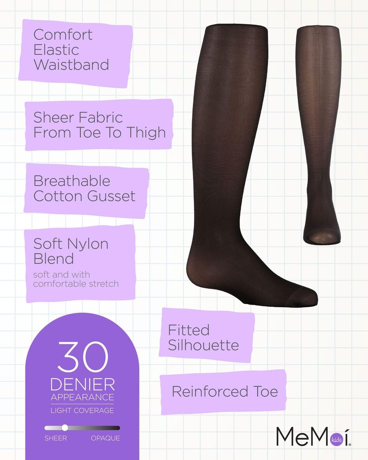 MeMoi Essential Sheer Nylon Tights - Ultra Soft & Lightweight for Girls | Sizes A-12