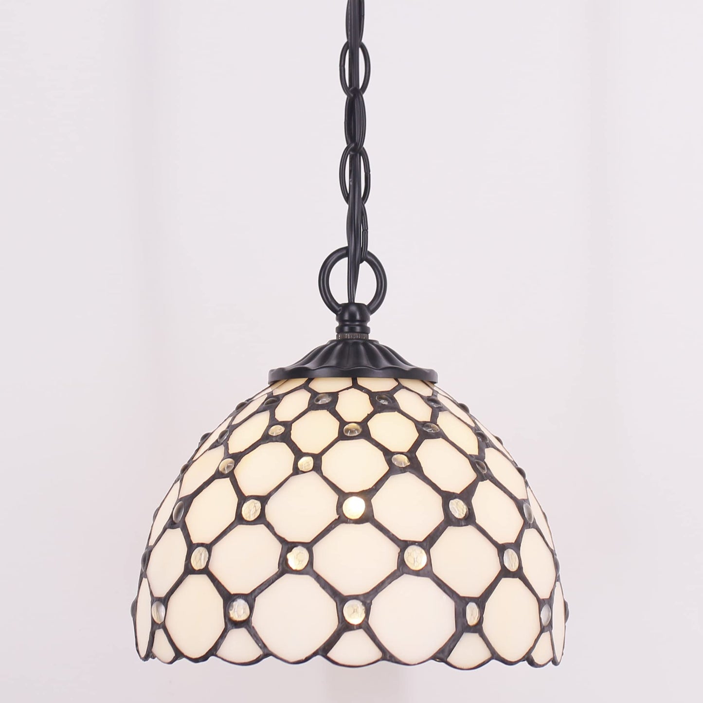 Small Tiffany Pendant Light 8 inch Tiffany Style Stained Glass Pendant Hanging Lamp Small Vintage Hanging Light Fixtures for Home Living Room Restaurant Hallway (White Amber Pearl Beads Style)