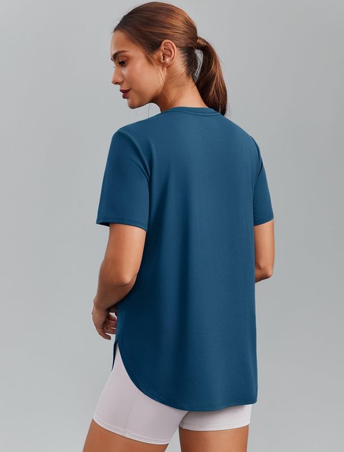 PINSPARK Running Shirts Women Short Sleeve Athletic Shirts UV Protection Quick Dry Workout Tops Lightweight Yoga Top Activewear, Dark Blue Large