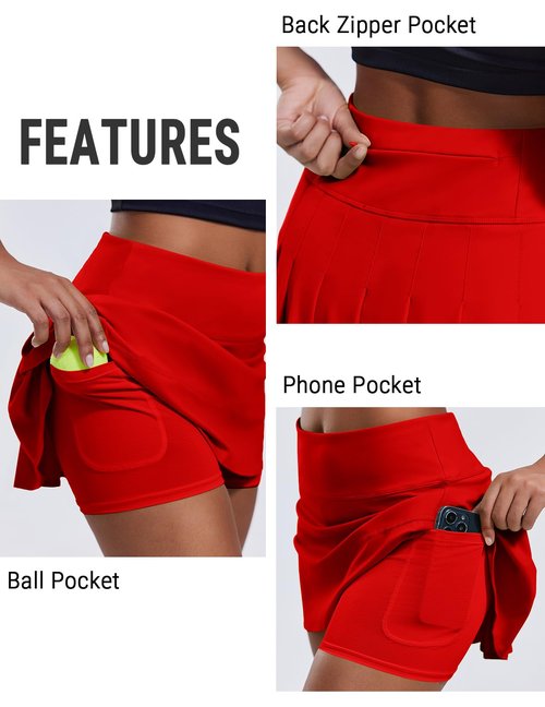 PINSPARK Pleated Tennis Skirts for Women with Pockets Shorts Athletic Golf Skorts Quick Dry Summer Mini Skirt,Red Small