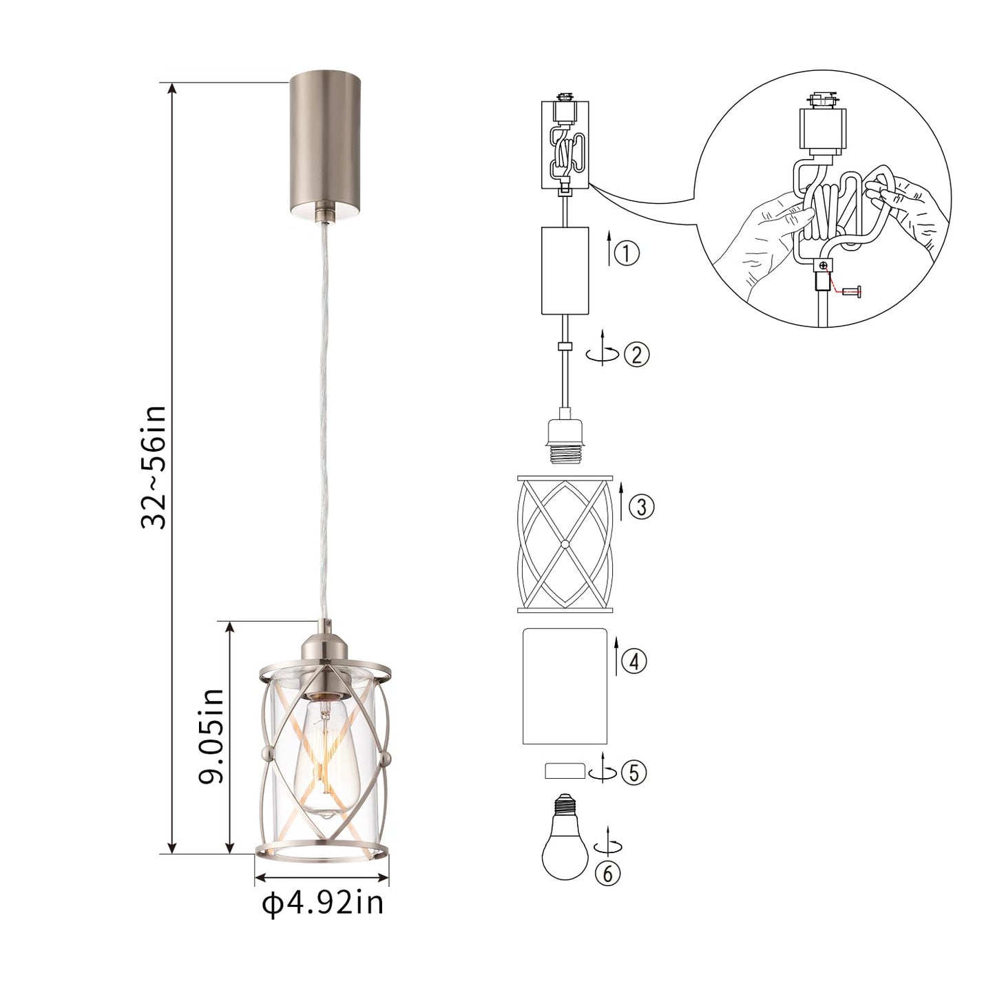 mirrea H-Type Brushed Nickel Track Lighting Pendant with Dotted Cage Clear Glass, Adjustable Hanging Light, E26 Socket, Pack of 3