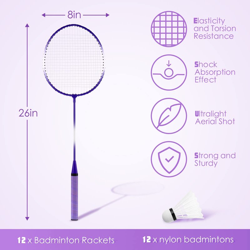 Meooeck 12 Pcs Badminton Rackets Set for Adults and Teenagers Badminton Set with 12 Pcs Nylon Shuttlecocks for Backyard Gym Beach Outdoor Games, Red, Purple and Blue