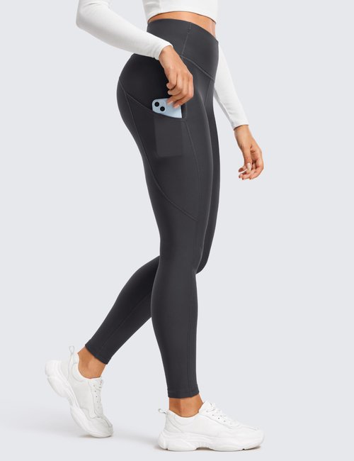 CRZ YOGA Fleece Lined Leggings Pockets 28'' - Thermal Casual Lounge Workout Womens Yoga Full Length Pants Winter Warm Mysterious Grey X-Small