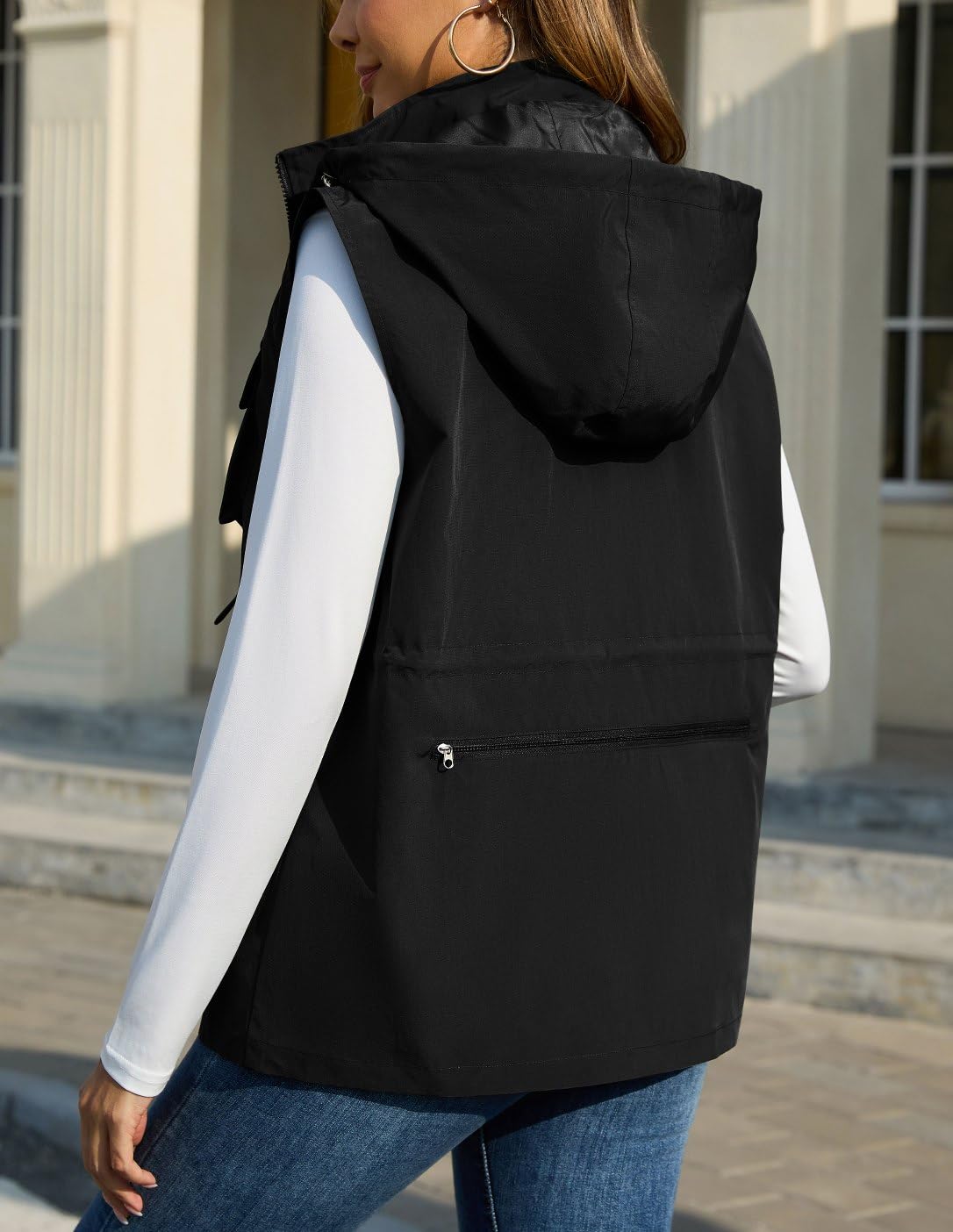Women's Lightweight Windbreaker Vest Softshell Sleeveless Jacket Windproof Stand Collar with Removable Hood Running Hiking Golf, Black, Medium