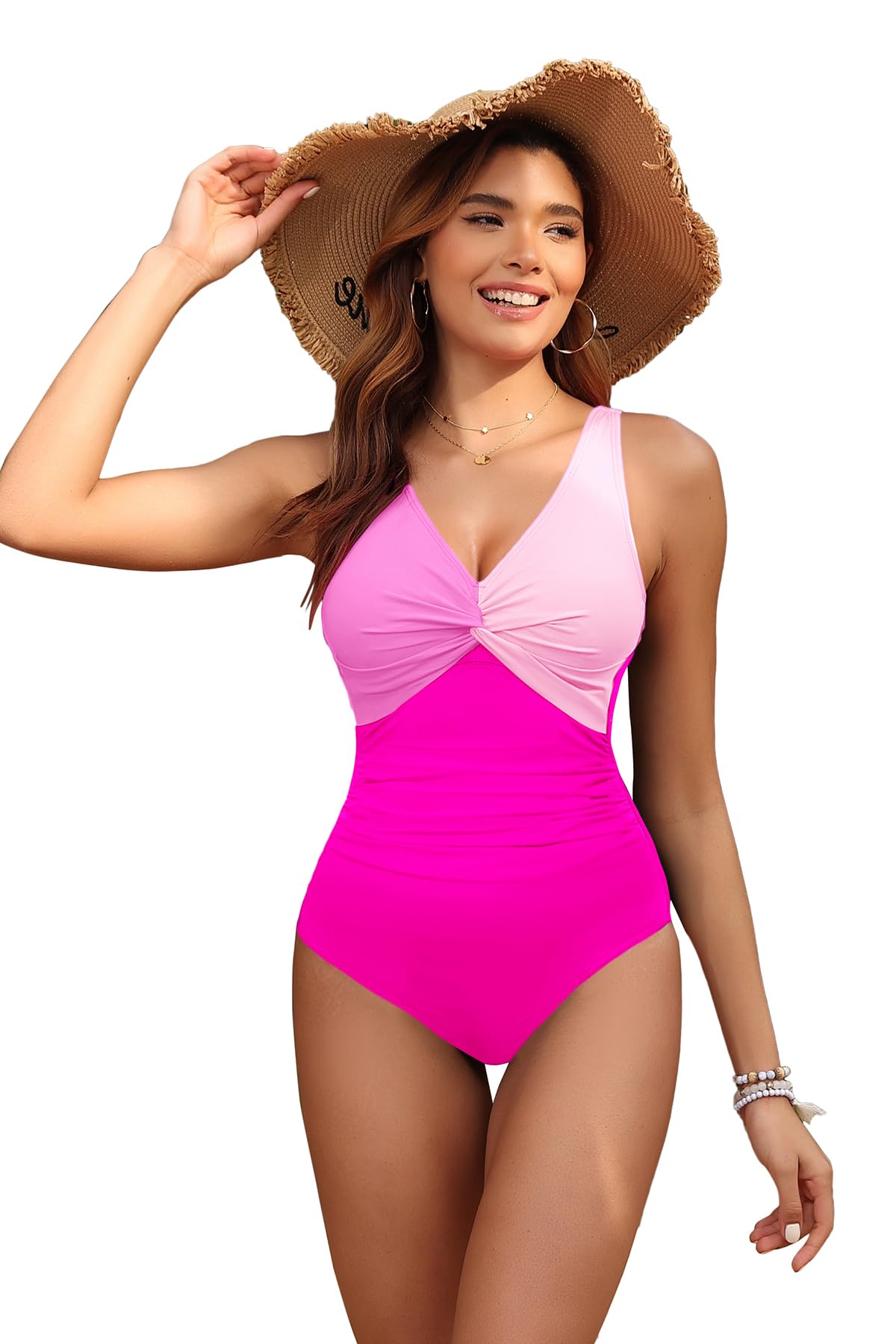 Holipick Rose Pink Women Tummy Control One Piece Swimsuit - Push Up Bathing Suit Full Coverage Slimming Swimwear XL