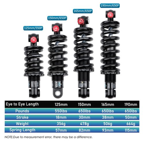 JFOYH Coil+Oil Shock Absorber Adjustable Damping Hydraulic Rear Shocks for MTB/E-Bike/Scoters, 125MM/150MM/165MM/190MM 550LBS/650LBS/1000LBS/1500LBS - 165MM*1000LBS
