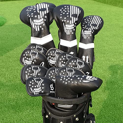 Caiobob Skull Golf Head Covers Set for Drivers - Black Synthetic Leather Skeleton Design