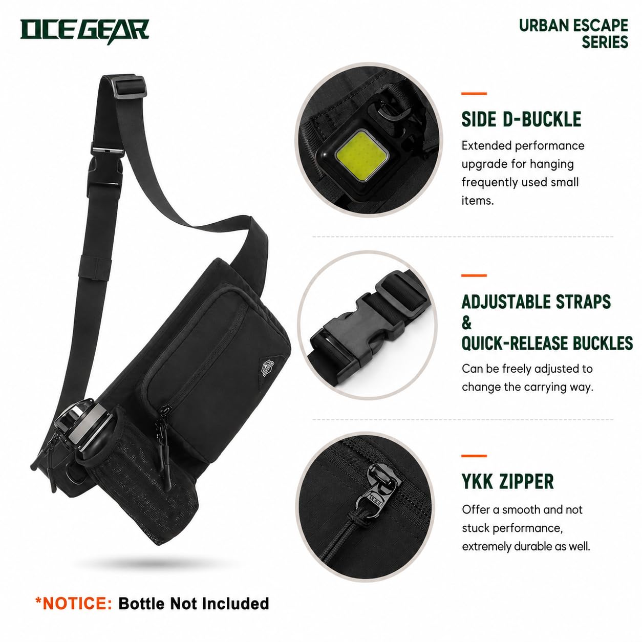 OCE GEAR Waist Pack with Water Bottle Holder for Men Women Waist Bag Running Waist Pack Waterproof for Outdoor Travel Cycling Climbing Walking Fit All Phones (Bottle Not Included)(Black)