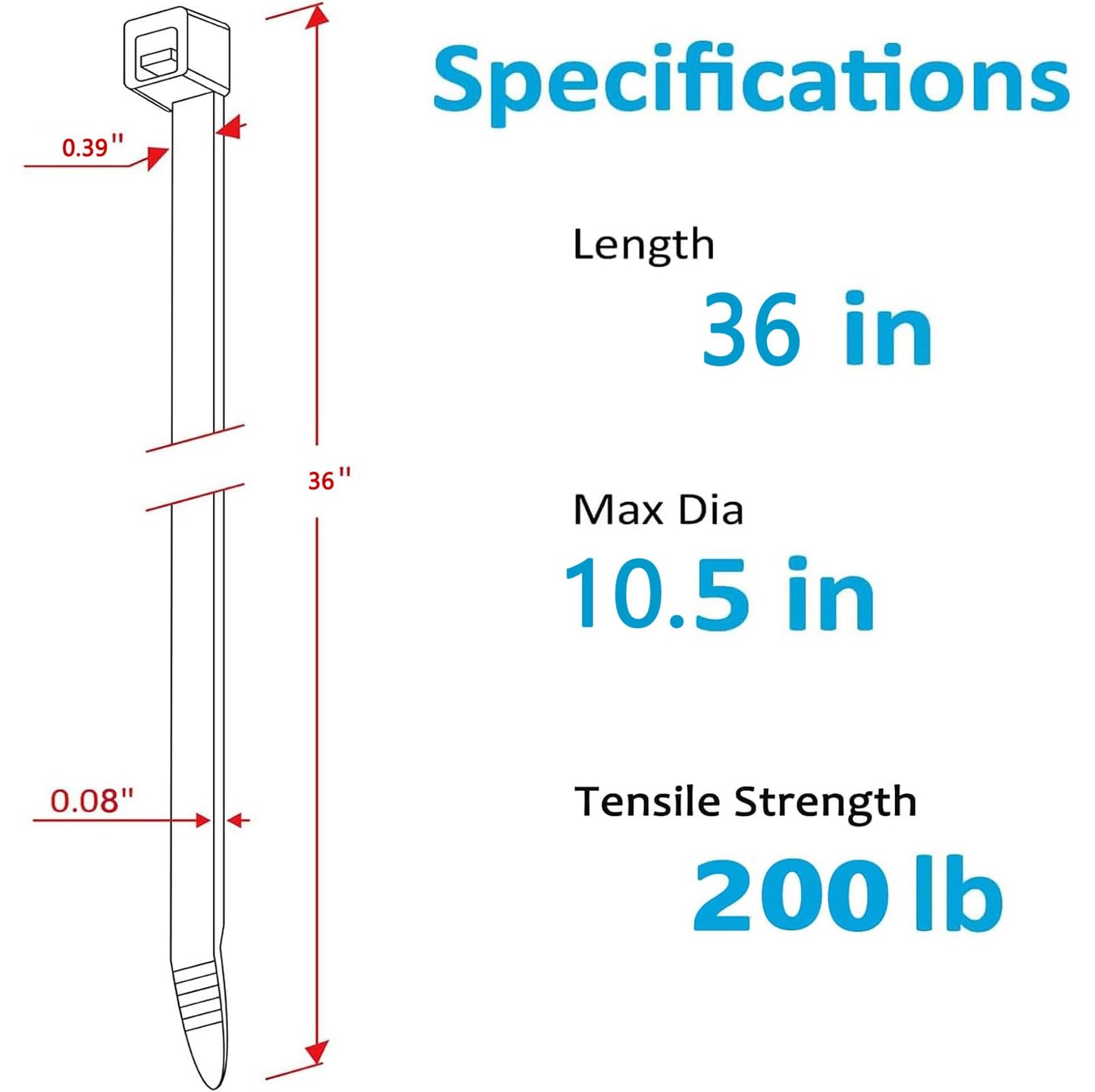 36 inch white heavy duty cable ties, UV-resistant, extra long nylon zip ties, 15 pieces, 200 lb tensile strength
