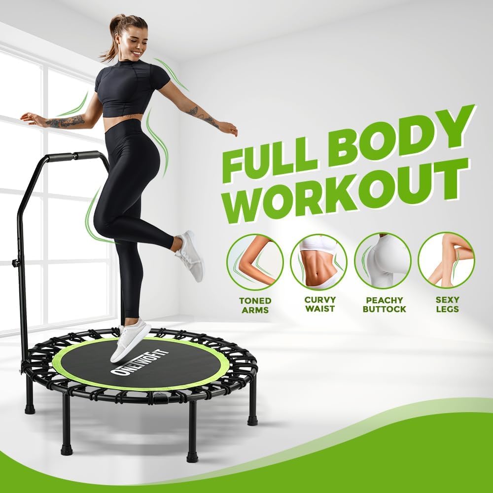 ONETWOFIT Foldable Rebounder Trampoline for Adults, 40/42/45” Mini Fitness Trampoline W/Adjustable Foam Handle Bungees, Quiet Exercise Trampoline for Personal Indoor Workout (40IN-with Handle)