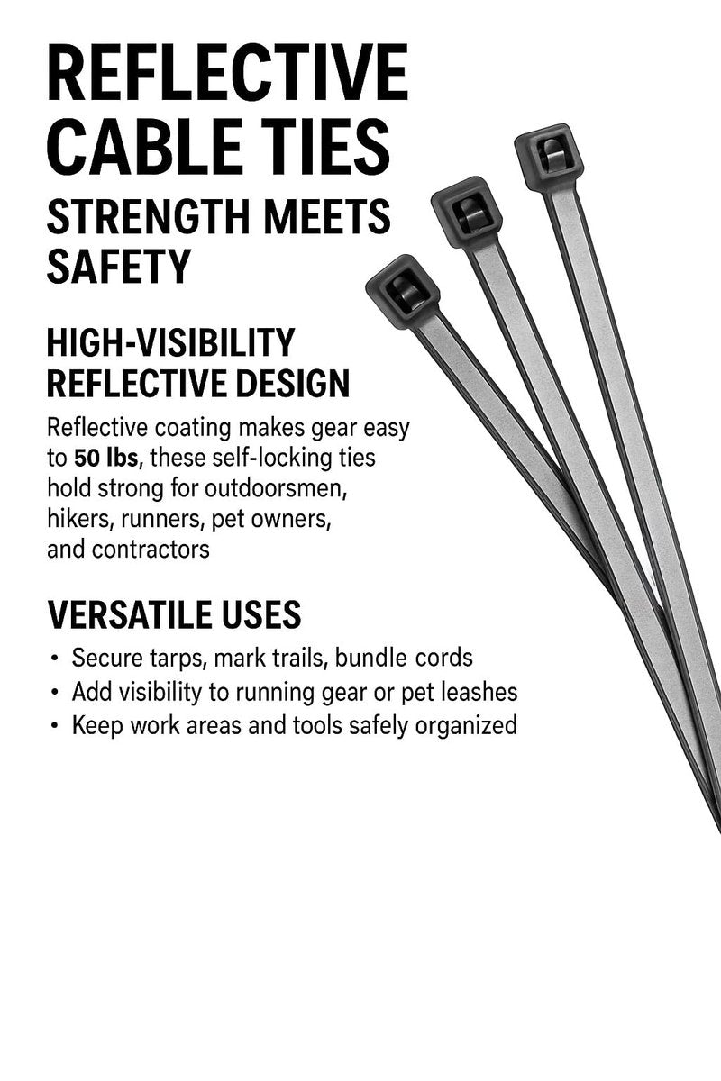 Reflective Cable ties/Zip ties,Mullins Made 8 inch, 25 self locking pieces, UV resistant,Built for safety, Reflective, Hiking, Outdoors/Survival, Running Gear, High-visibility. 50lb tensile strength.