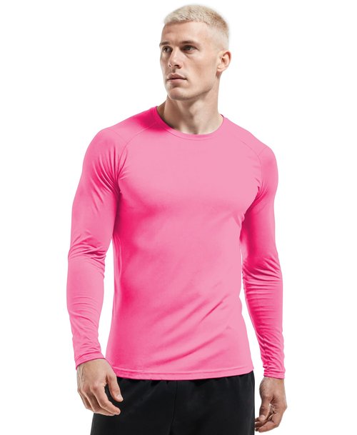 Silenroar Men Long Sleeve Athletic Shirt, Crewneck Running T-Shirts Fitted, Moisture Wicking Base Layer Workout Tee Dry Fit(neon Pink,L)