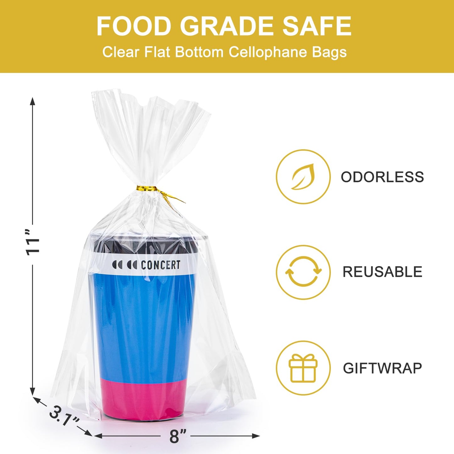 Aubeco 120Pcs Flat Bottom Cellophane Bags, 8x11x3.1" Clear Goodie Baggies with Twist Ties for Party Favor Packaging, Cookie, Popcorn, Candy, Mug Wrapping