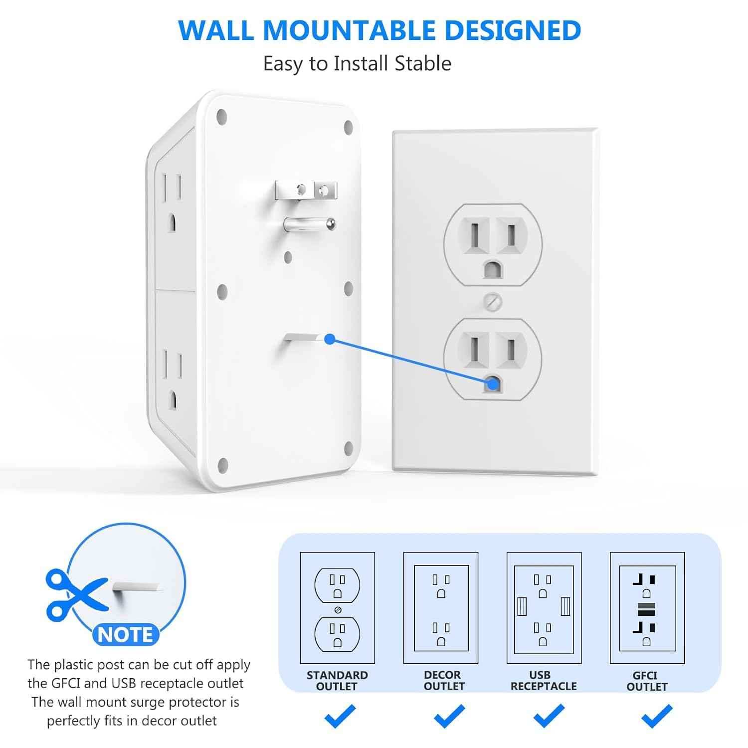 2 Pack Wall Charger, Surge Protector 6 Outlet Extender Multi Plug Wall Outlets with 4 USB Charging Ports (2 USB C Outlet) 3 Sided 1050J Power Strip Wall Adapter Spaced for Home Travel Office