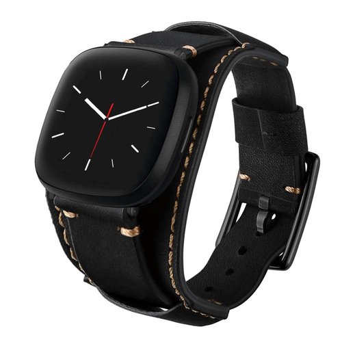 Sjiangqiao Compatible with Fitbit Sense/Versa 3 Bands Genuine Leather Cuff Band Replacement Strap with Stainless Steel Clasp Compatible for Fitbit Versa 3 Sense Accessories Men Women (Black)