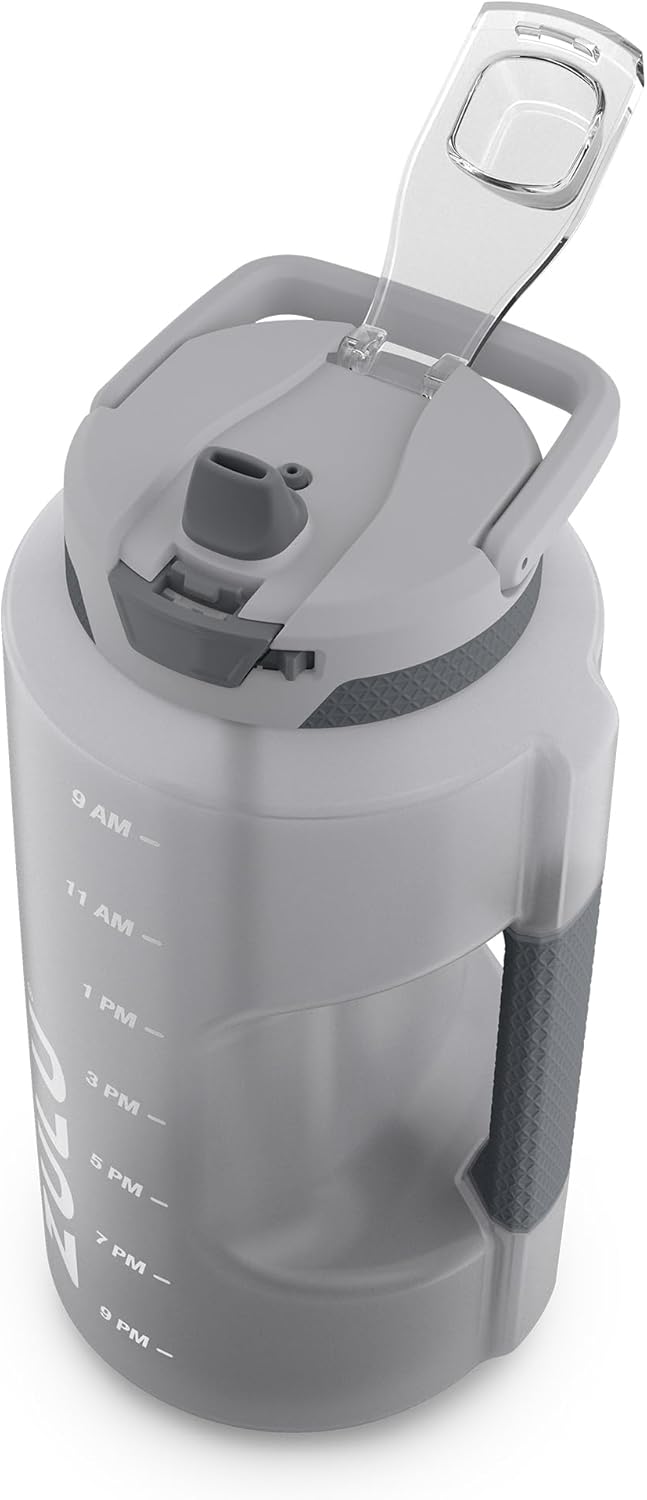 ZULU Goals 128oz Half Gallon Water Bottle - Leak Proof with Straw & Time Marker | Grey Reusable Jug for Hydration