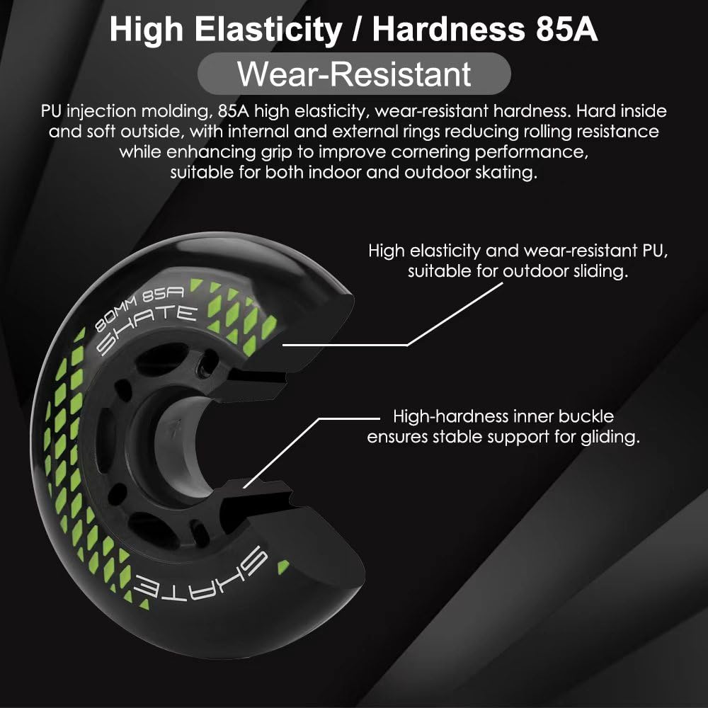 8 Pack Inline Skate Wheels 72mm, 76mm, 80mm - ABEC9 Bearing - 85A Durometer PU - Compatible with Rollerblade, Roller Derby, K2 Skate (Black/76MM)