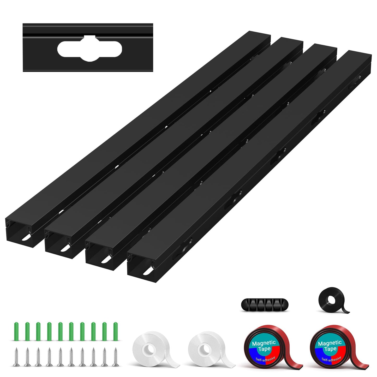 Cable Raceway - Magnetic Cable Management Under Desk with Upgraded Aesthetic Large Hole, Cord Organizer Kit for Hiding Computer, Gaming Desk, Network, Power Cord, TV - 4PCS 4x15.7in Black