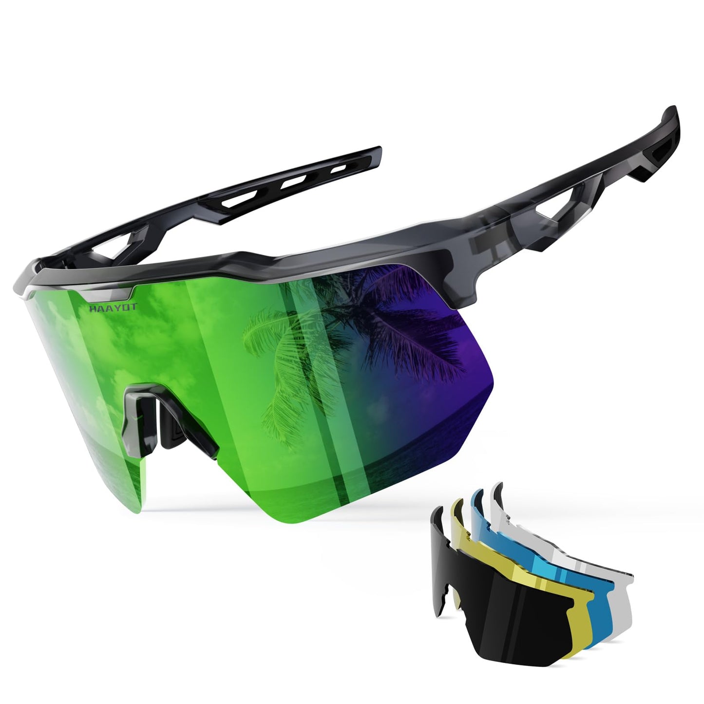 HAAYOT Polarized Sports Sunglasses for Men Women Youth Baseball Cycling Running Softball Biking Glasses 5 Lenses Transparent Gray Green