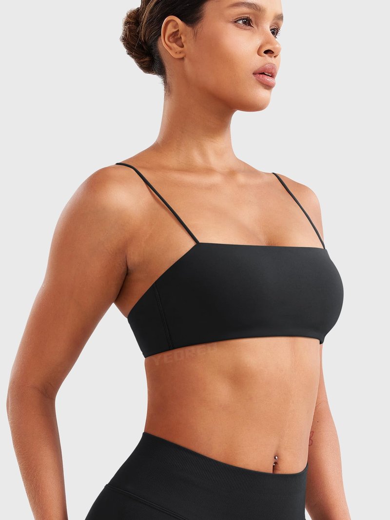 YEOREO Women's Spaghetti Strap Sports Bra Enidy Square Neck Yoga Wireless Low Impact Padded Seamless Cami Crop Top Black S