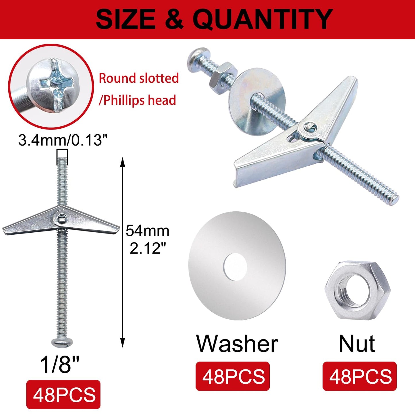 Bemaka 192Pcs 1/8 Inch Toggle Bolts, Heavy Duty Drywall Anchors and Screws Kit, Butterfly Anchors Toggle Bolts and Wing Nut Kit with Nuts Washers for Hollow Wall, Ceiling (48 Sets)