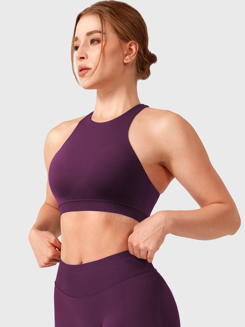 YEOREO Racerback Sports Bras for Women Padded Medium Impact Dafnien Seamless Yoga Workout Crop Tops Black Cherry M