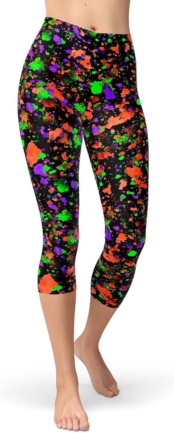Sissycos Women's Cropped Capri Leggings - Artistic Splash Print, Buttery Soft Comfort, 21" Length