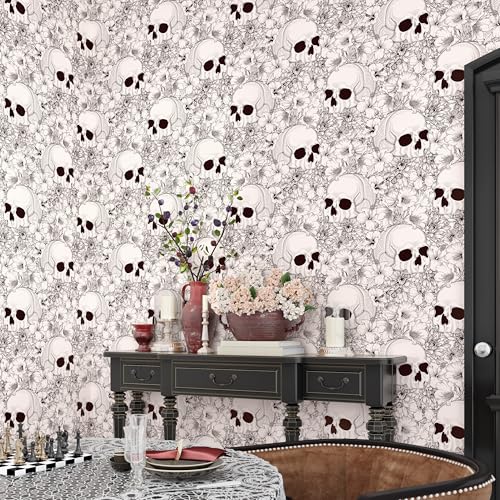 Gothic Wallpaper Skulls Ferns Peel and Stick Wallpaper Beige Brown Halloween Contact Paper for Bedroom Bathroom Living Room Cabinets 17.5"x102" Removable Waterproof Skulls Art Decor Mural