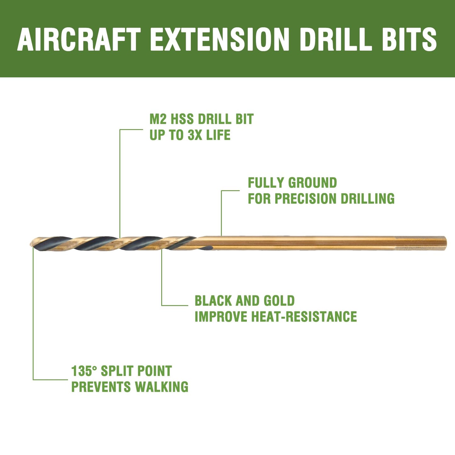 HLOFIZI 1/4 x 8 Inch Extra Long Drill Bits (3 Pack), Aircraft Drill Bit Black and Gold M2 HSS for Wood, Plastic, Thin Metal Sheet