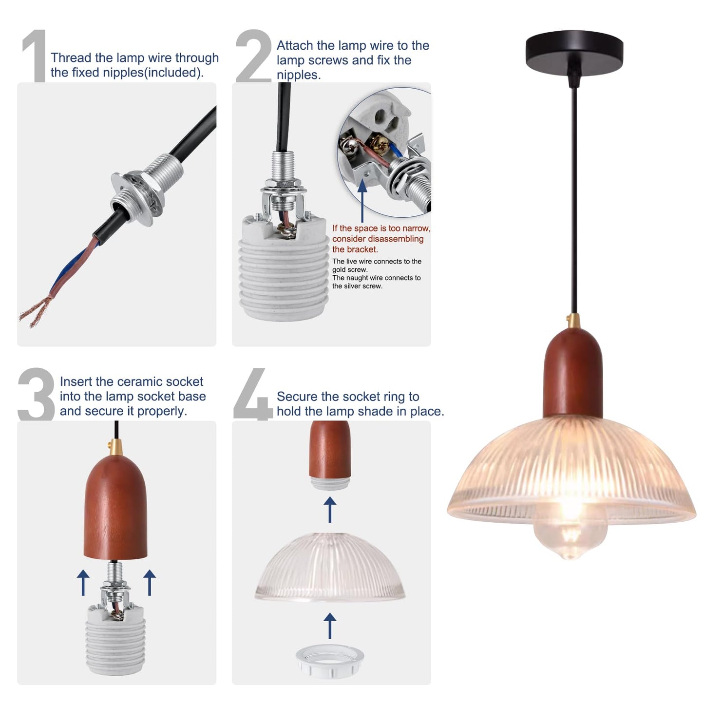 Lamp Socket with Metal Shade Ring, UL Listed Medium Base E26 Light Bulb Socket, Standard Screw-in Bulb Lamp Holder for Halogen LED Bulb (2)