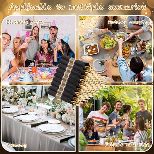 Black and Gold 60 Pack Pre Rolled Plastic Silverware Set with Napkins