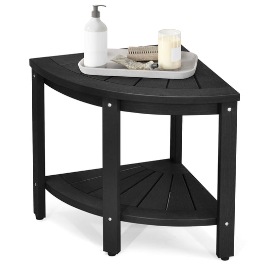 DWVO Poly Lumber Shower Bench 17" Shower Stool Corner Bench with Storage Shelf, Wood Texture Corner Seat for Bathroom, Spa, Corner Shower Stool for Bathroom Living Room (Black)