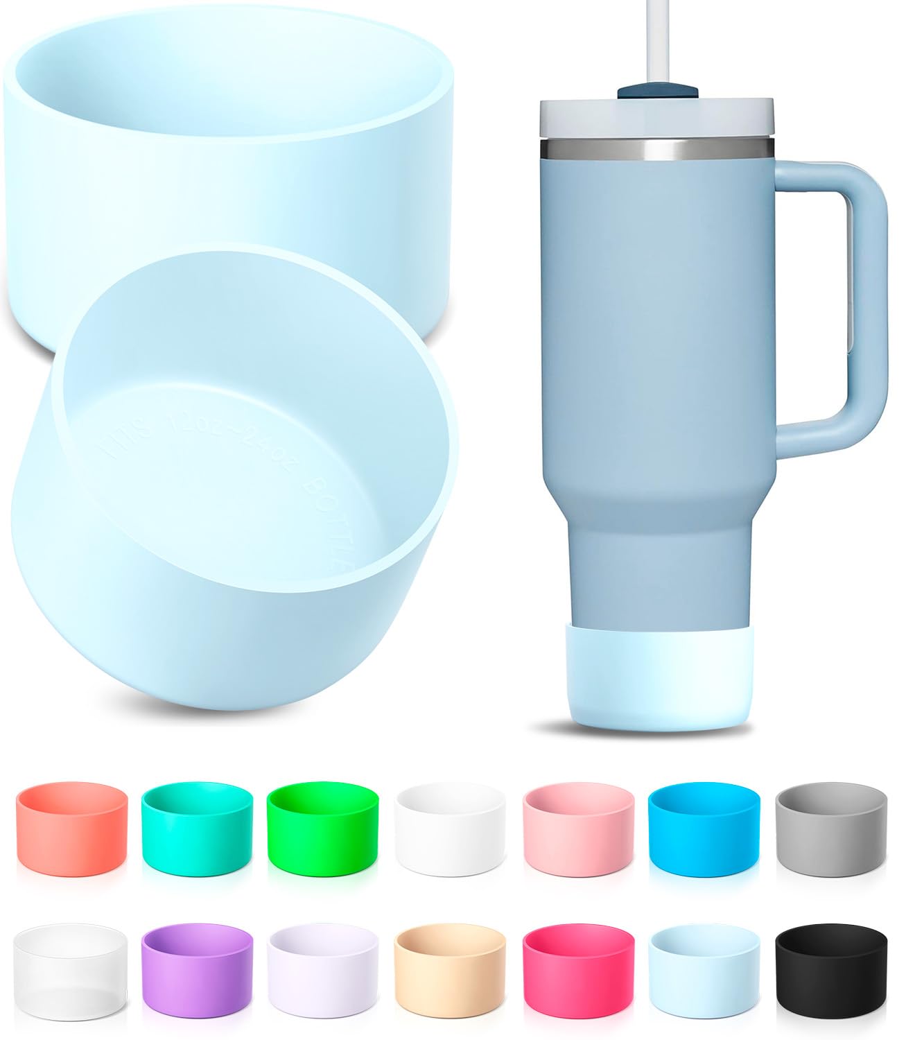 KTKUDY 2Pcs Silicone Boot for Stanley Quencher Tumbler 30 oz 40 oz & IceFlow 20 oz 30 oz & Fit Owala Freesip Water Bottle & Fit Hydro Flask & More - Cup Bottom Accessories Fit Stanley Cup, Light blue
