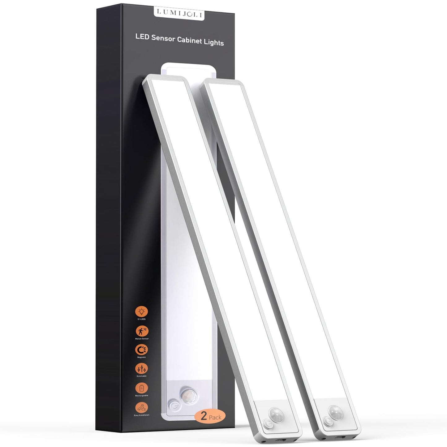 LUMIJOLI 2 Pack Under Cabinet Lighting Wireless 10inch LED Motion Sensor Magnetic Light 2200maAh Rechargeable Indoor Closet Lights for Kitchen, Stairs Cool White