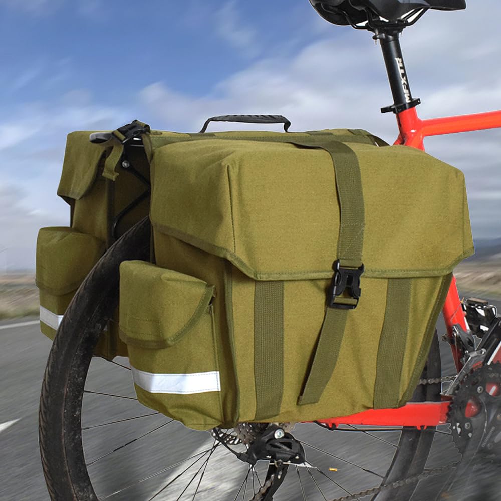 UNISTRENGH Bike Panniers Double Side Tail Bag Waterproof Canvas Bike Rear Rack Bag Large Capacity Cargo Saddle Rack Trunk Equipment Pack for Mountain Bike Riding Cycling (Military Green_50L)