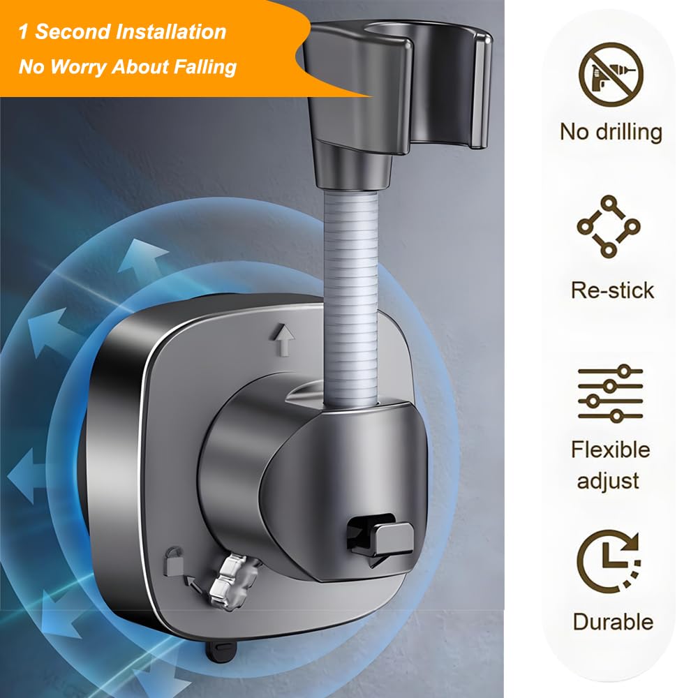 Shower Head Holder Wall Mounted, 360° Adjustable Handheld Shower Head Bracket Holder, Suction Cup Installation Shower Wand Holder, Multi-Directional Removable Wall Mounted Suction Bracket - Black