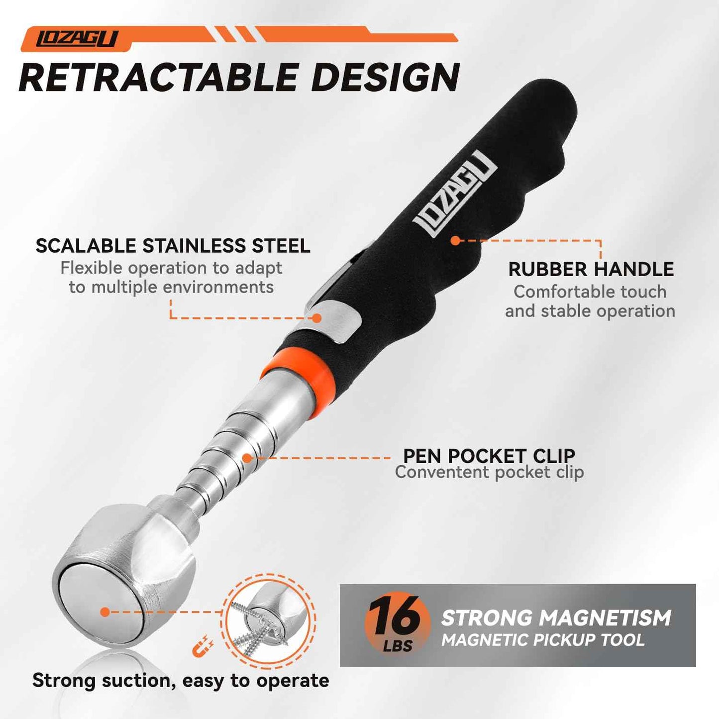 LOZAGU 17" Rolling Magnetic Sweeper with Wheels with Wheels, 8.8 Lbs Pull Force with Telescoping Holder