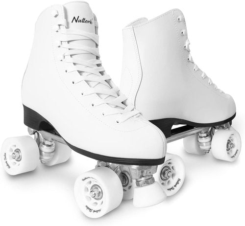Roller Skates for Women with PU Leather High-top Double Row Rollerskates, Unisex-Adult Indoor Outdoor White Derby Skate Women Size 9 with Adjustable Fast Braking for Beginner