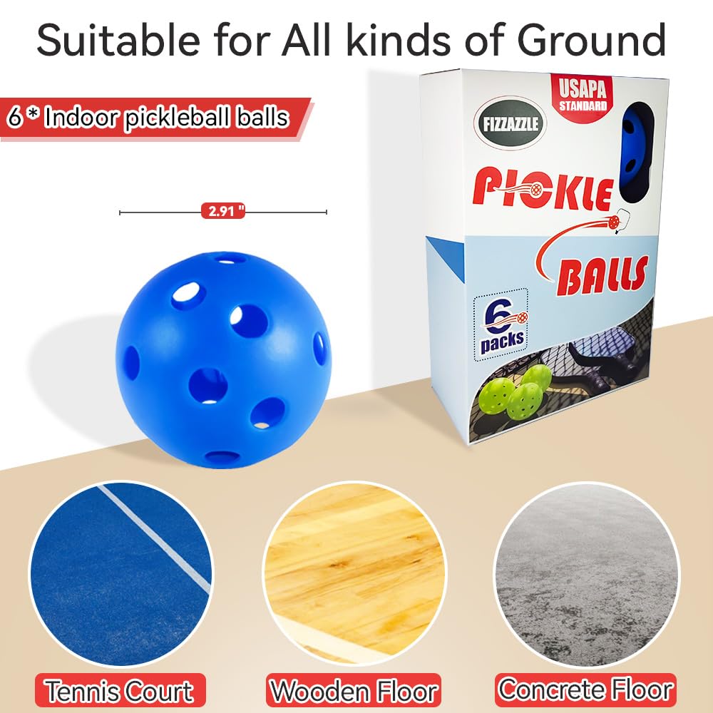 Fizzazzle Indoor Pickleball Set - 6 Pack 26 Holes - USAPA Standard - High Resilience & Durability Blue Balls