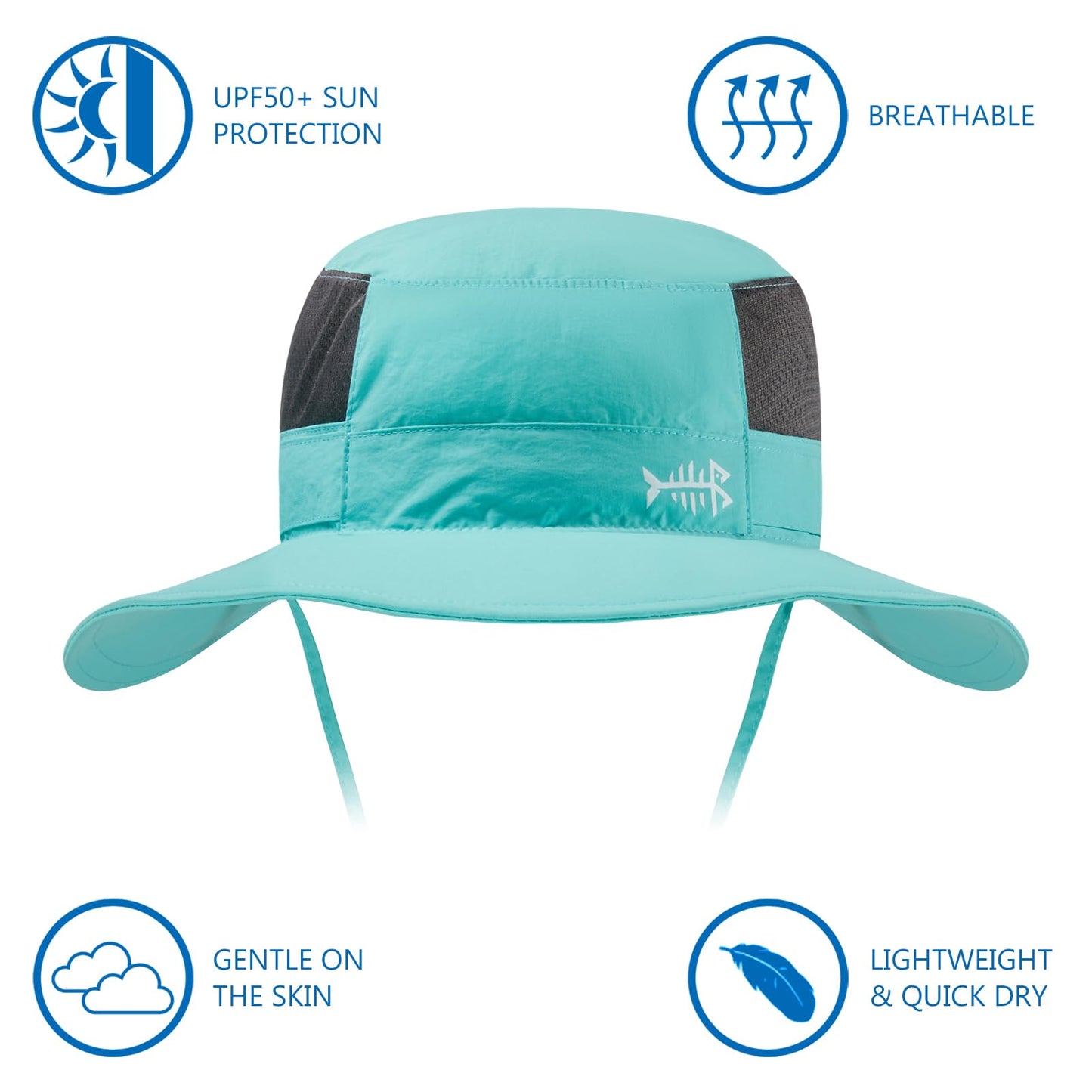 BASSDASH UPF 50+ Sun Fishing Hat Water Resistant with Detachable Neck Flap Turquoise