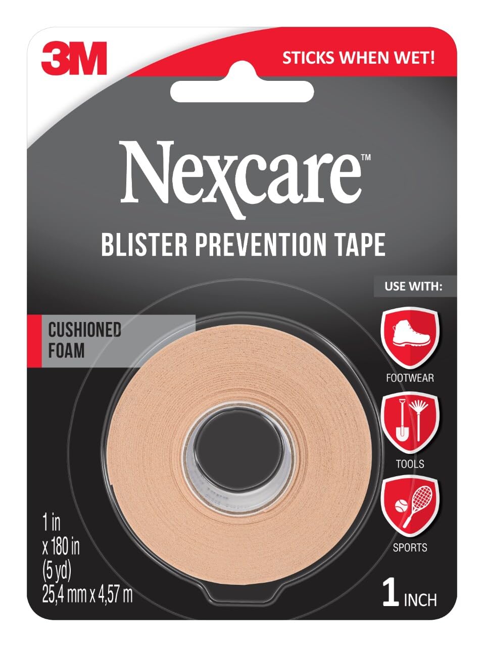 Nexcare Blister Prevention Tape, Waterproof Foam Medical Tape, Latex-Free, Sticks Firmly to Skin to Help Prevent Blisters - 1 in x 5 yds, 2 Rolls of Tape