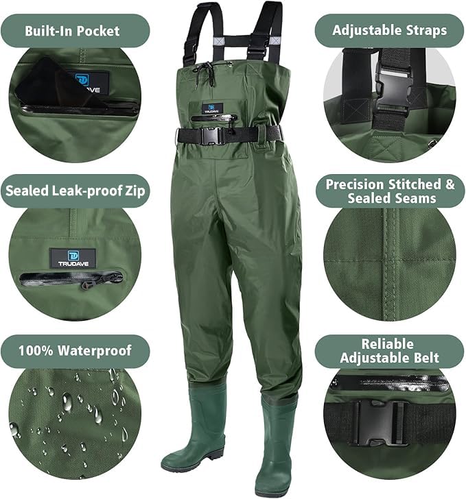 Trudave Waterproof Chest Waders for Men and Women with Boots, 2-Ply Nylon/PVC, Green, M12