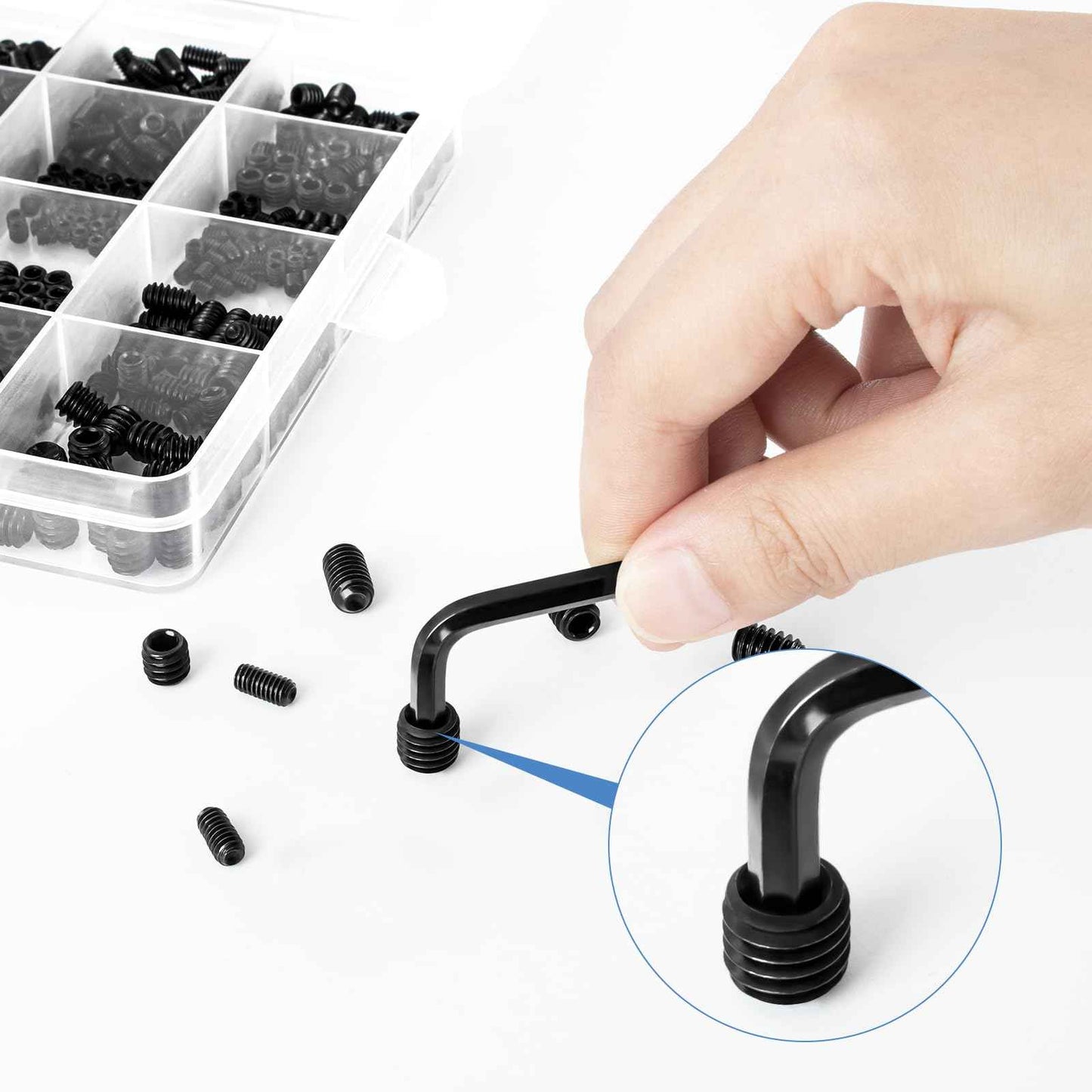 1145PCS 25 Sizes Metric & SAE Set Screw Assortment Kit,12.9 Class Alloy Steel Internal Hex Drive Cup-Point Set Screws Assortment Kit with 10 Hex Wrenches, M3 to M8 and 1/8-40 to 5/16-18