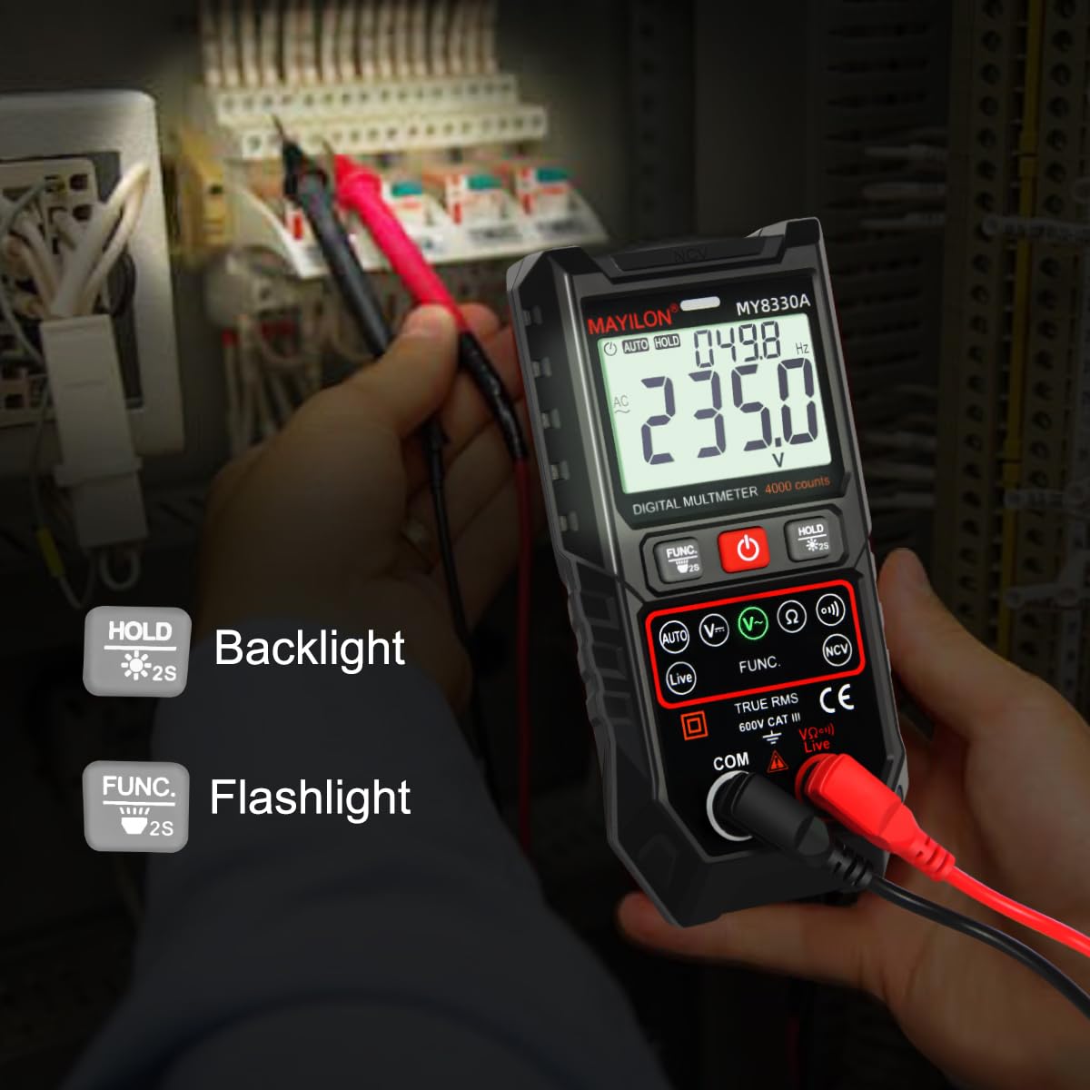 Digital Multimeter TRMS 4000 Counts Multimeter DC AC Voltage Tester Auto-Ranging Voltmeter Amp Meter NCV Live Wire Resistance Continuity Temp for Auto/Home/Electrical MY8330A