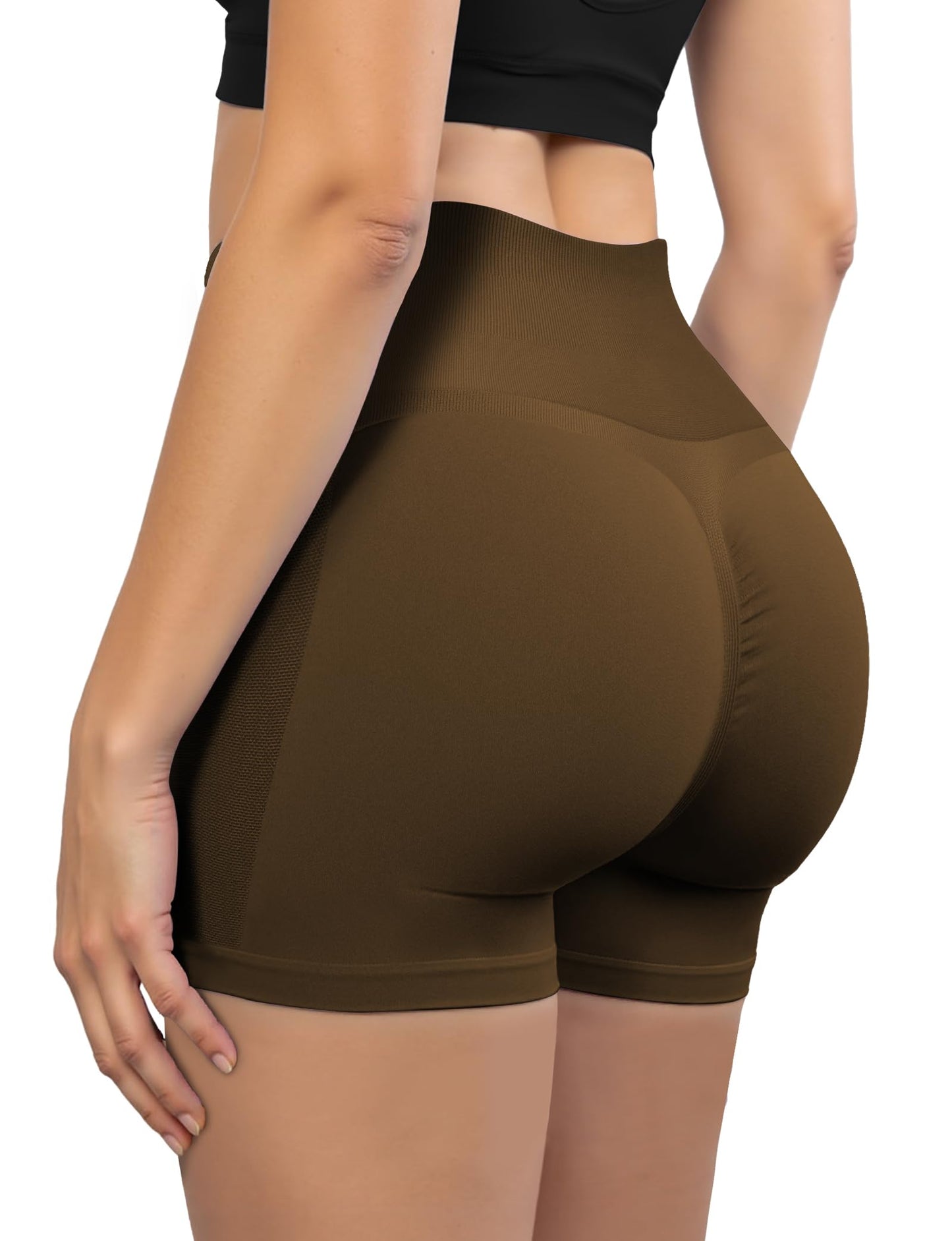 Buauty Women's 3.6 Inch Booty Shorts, High Waisted Seamless Scrunch Butt Gym Workout Shorts with Tummy Control, Squat Proof Stretch for Yoga, Pilates, Fitness and Daily Wear Coffee