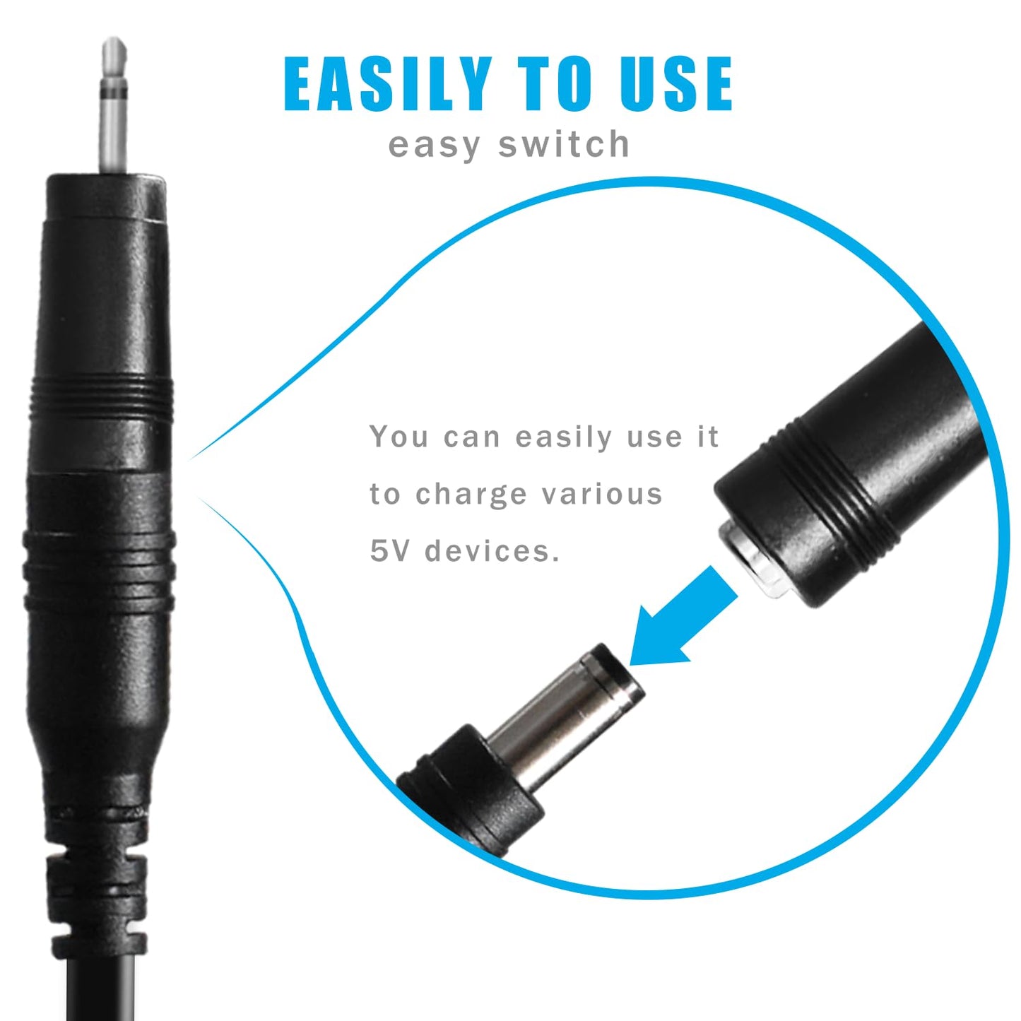 USB to DC 5V Power Cord, Universal DC 5.5x2.1mm Charging Cable with 9 Interchangeable Connectors Adapter for Moon Lamp, Massage Wand, Router, LED Light, Mini Fan, Speaker and More Devices (Black)