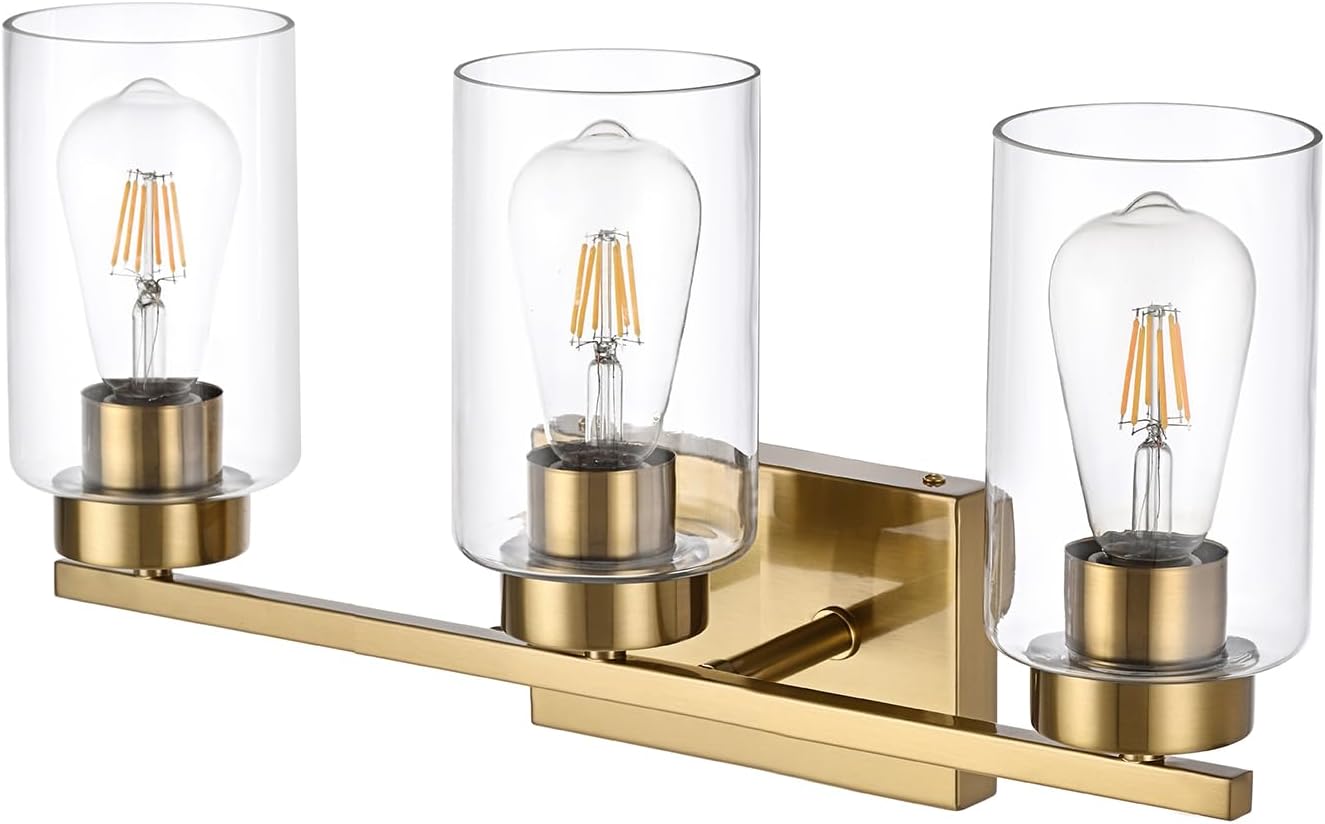 Modern 3-Light Bathroom Vanity Light in Brushed Gold with Clear Glass Shades