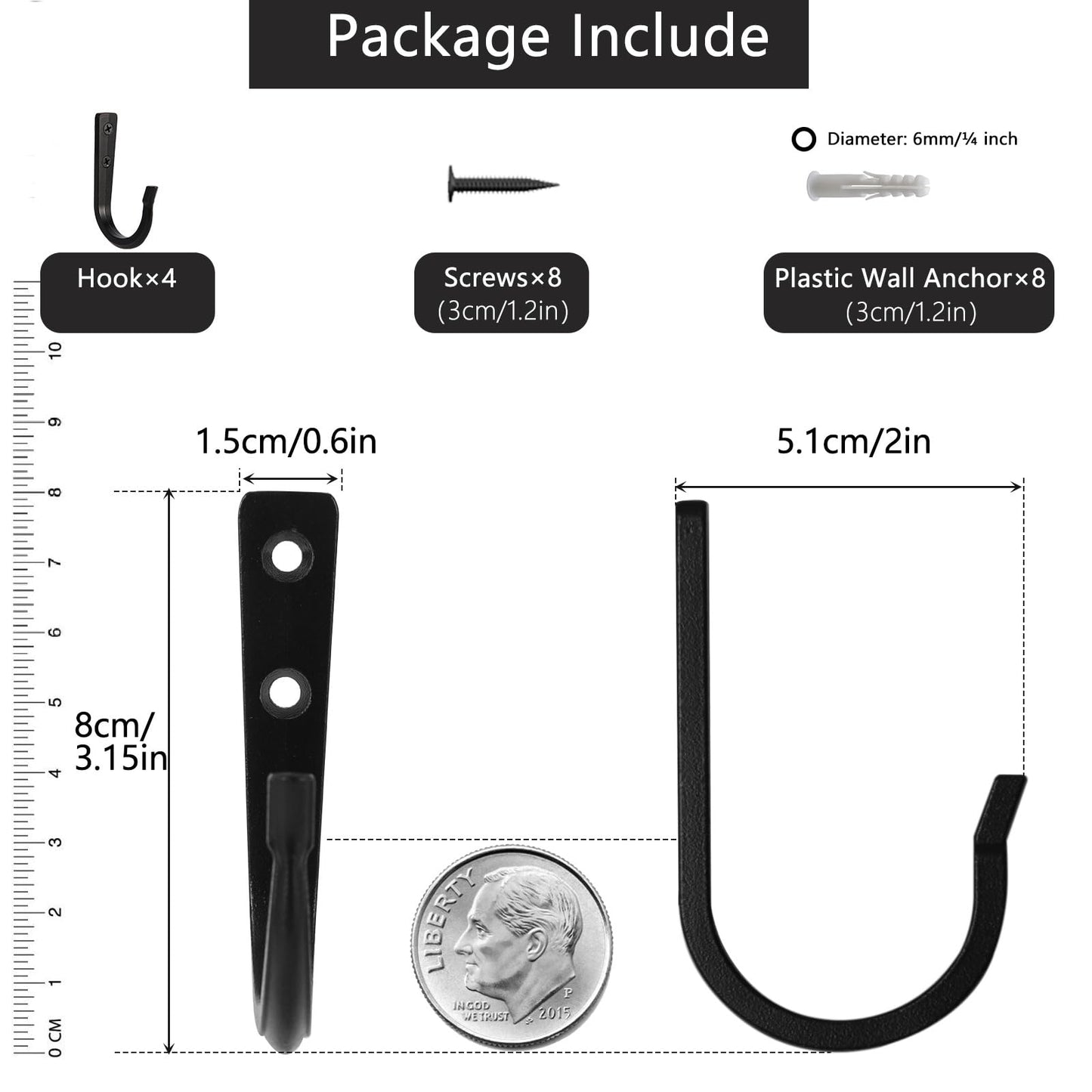 XHIPY Wall Hooks for Hanging Coat/Towel - 50LB Screw in Metal Hanger Wall Mount, for Outdoor, Closet, Door, Bathrooms, for Backpack, Robe, Black 4 Sets