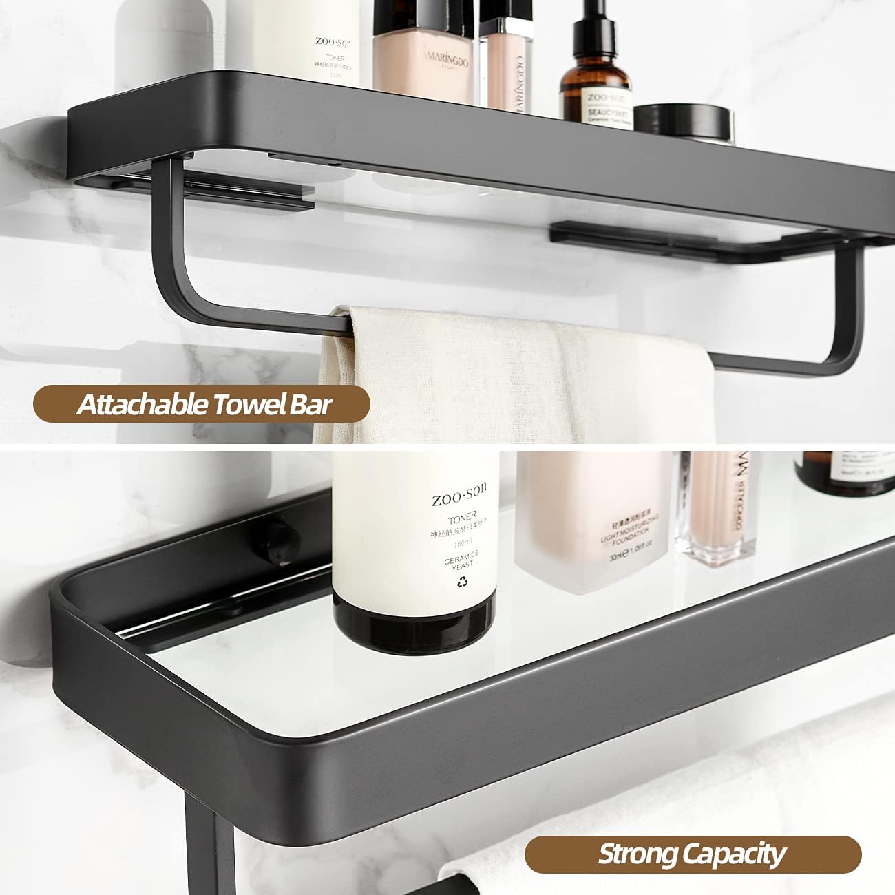 Wall Mounted Glass Bathroom Shelves - 2-Tier Floating Organizer in Black