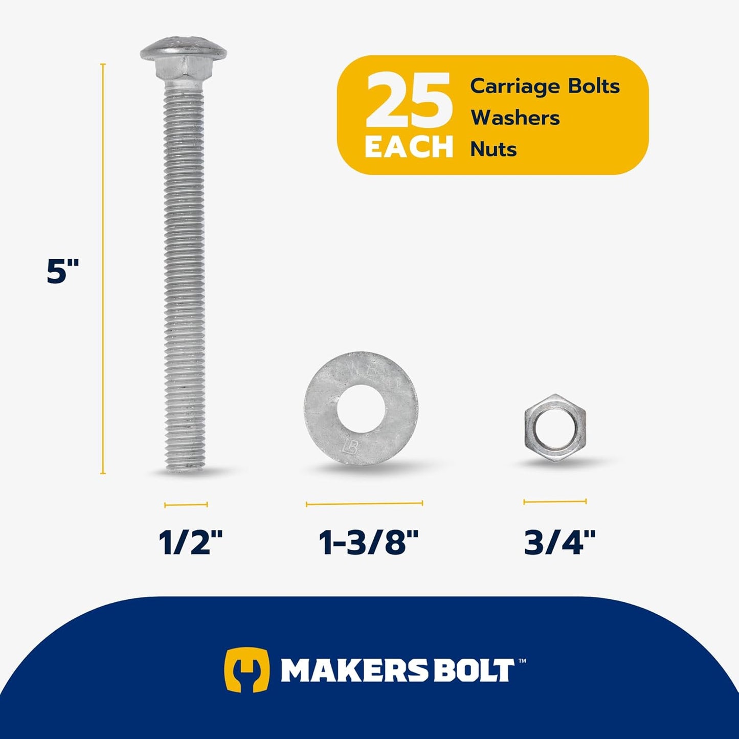 Galvanized Carriage Bolt Kit - 25 Pack 1/2" x 6" with Washers & Hex Nuts for Outdoor Use